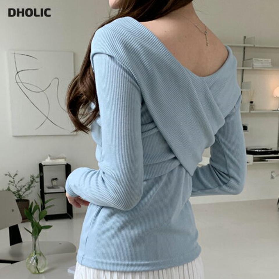 クロスネックTシャツ・全4色・t67163 レディース 【tops】【トップス Tシャツ 長袖 クロスネック バックシャン バックコンシャス シンプル 大人 きれいめ Vネック デコルテ 鎖骨 前後着用自由 春 秋 韓国 ファッション】【ハイホリHIHOLLI】