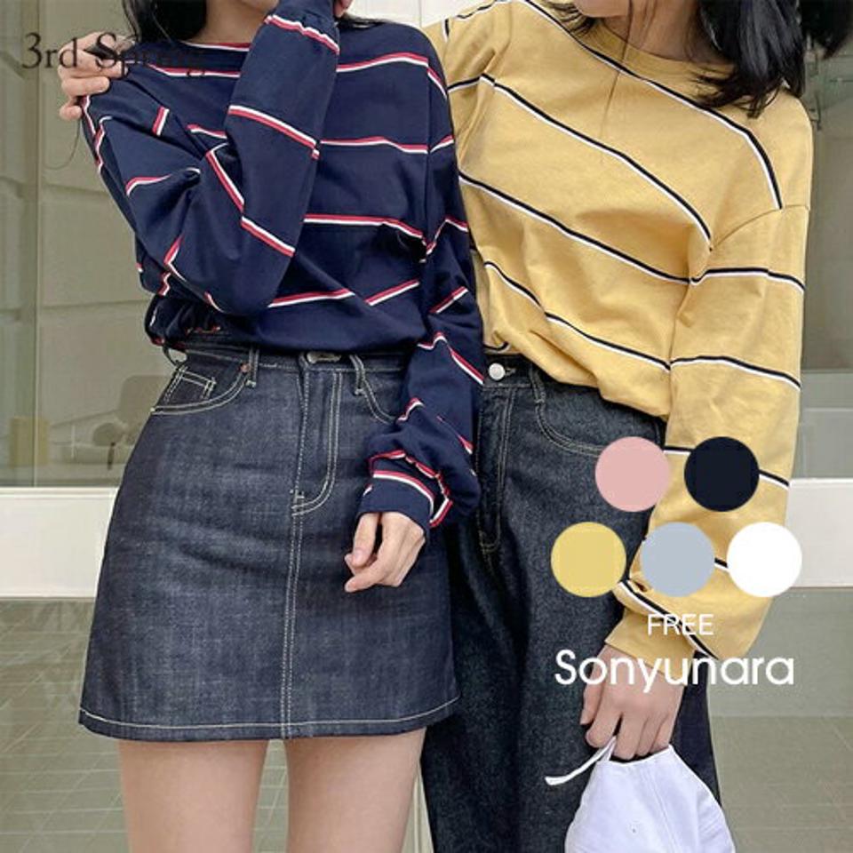 SONYUNARA(ソニョナラ)シミラーストライプTシャツ【3/5up_ka】韓国 韓国ファッション Tシャツ ロンT ボーダー バルーンスリーブ お揃い 双子コーデ カジュアル レディース ファッション【5】