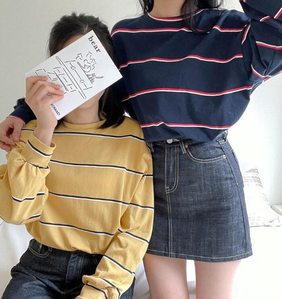 SONYUNARA(ソニョナラ)シミラーストライプTシャツ【3/5up_ka】韓国 韓国ファッション Tシャツ ロンT ボーダー バルーンスリーブ お揃い 双子コーデ カジュアル レディース ファッション【5】