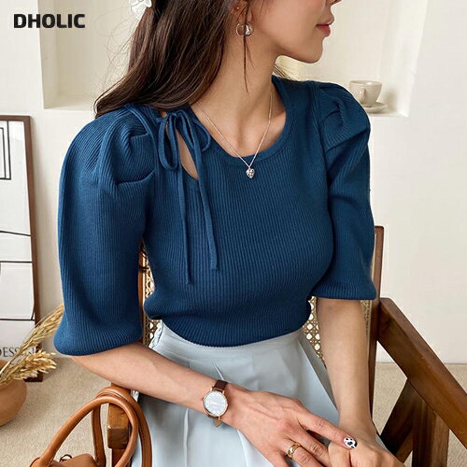 【只今10%OFF】スリットリボンパフニット・全3色・t61681 レディース 【tops】【韓国 ファッション トップス ニット 長袖 スリット 上品 リボン 5分丈 パフスリーブ リブ フィット スリム 細身 大人 体型カーバー デイリー 無地 秋 春】