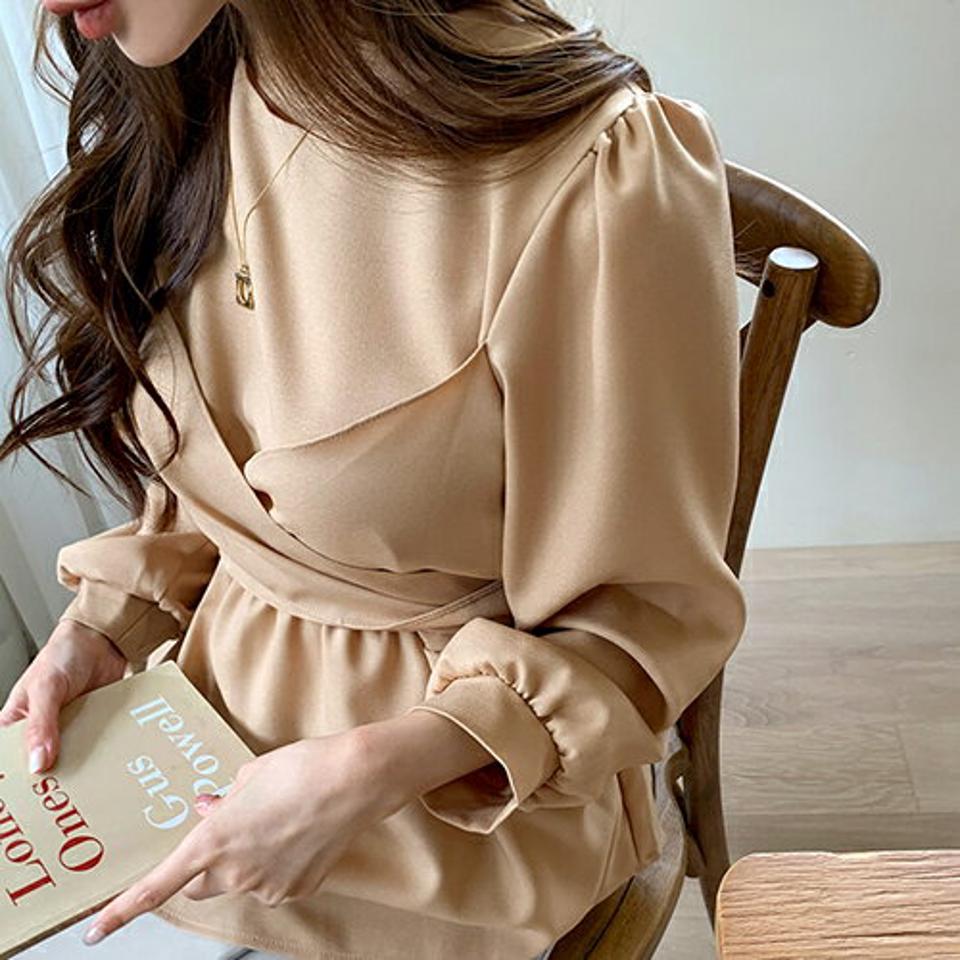 【只今10%OFF】クロスラップブラウス・全3色・t67354 レディース 【bl】【トップス ブラウス 長袖 クロスストラップ ラップスタイル クロス 上品 単色 無地 シンプル 大人 春 秋 韓国 ファッション】【ハイホリHIHOLLI】