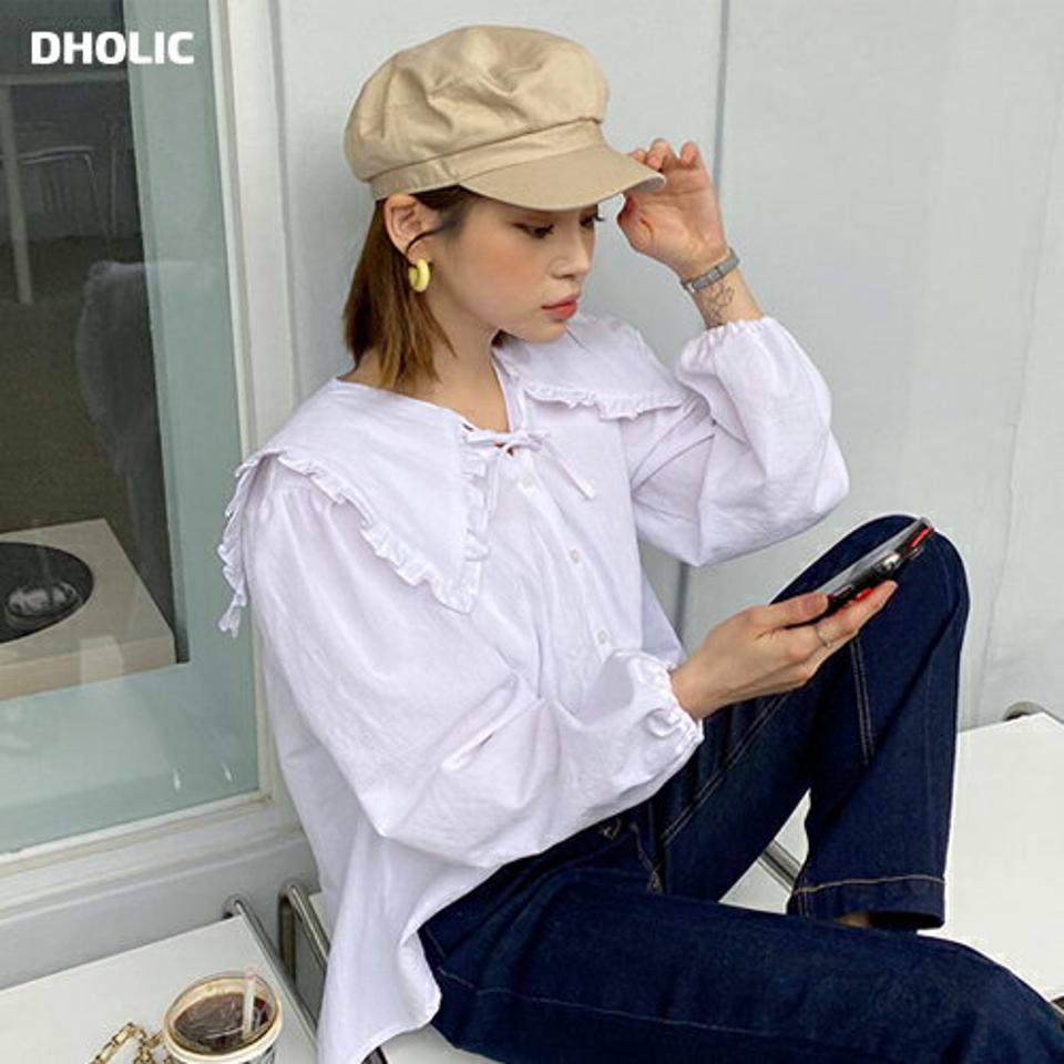 ビッグカラー付Vネックボタンブラウス・全3色・t61690 レディース 【bl】【韓国 ファッション トップス ブラウス 長袖 上品 ビッグカラー Vネック ボタン ノーカラー ギャザー ルーズ フリルカラー リボン ボリューム 無地 フェミニン カジュアル 秋 春】