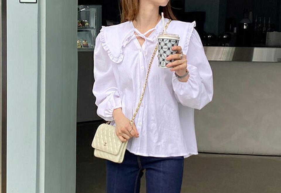 ビッグカラー付Vネックボタンブラウス・全3色・t61690 レディース 【bl】【韓国 ファッション トップス ブラウス 長袖 上品 ビッグカラー Vネック ボタン ノーカラー ギャザー ルーズ フリルカラー リボン ボリューム 無地 フェミニン カジュアル 秋 春】