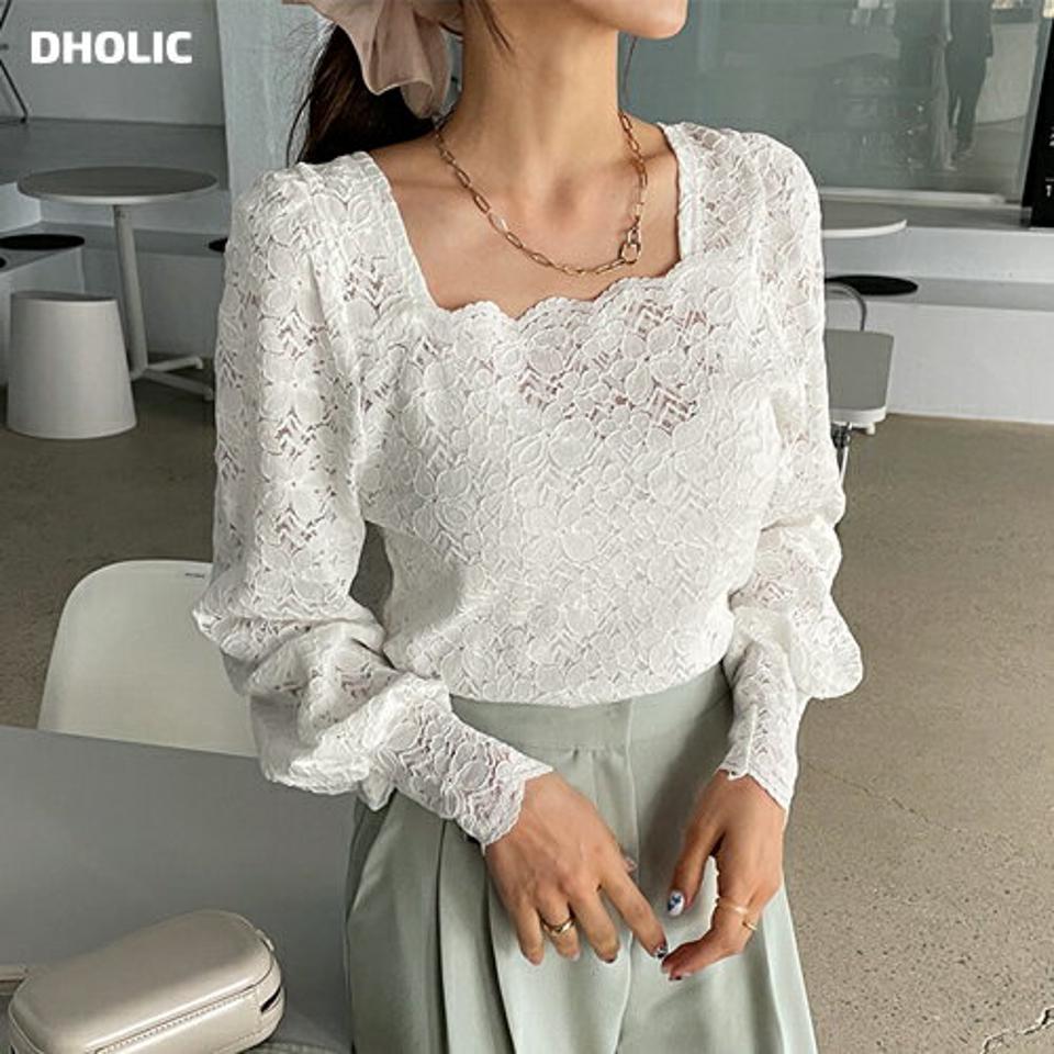 レーススクエアブラウス・全3色・t61687 レディース 【bl】【韓国 ファッション トップス ブラウス 長袖 レース スクエアネック 上品 デコルテ ボリューム 体型カーバー フェミニン デイリー 花柄 フラワー 秋 春】