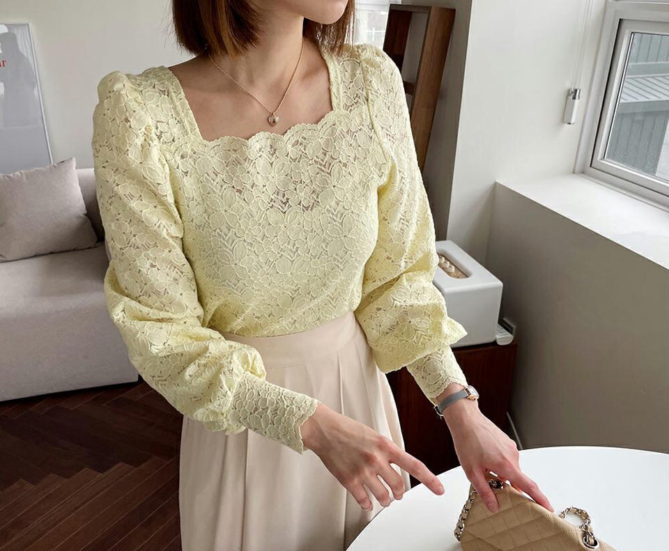 レーススクエアブラウス・全3色・t61687 レディース 【bl】【韓国 ファッション トップス ブラウス 長袖 レース スクエアネック 上品 デコルテ ボリューム 体型カーバー フェミニン デイリー 花柄 フラワー 秋 春】