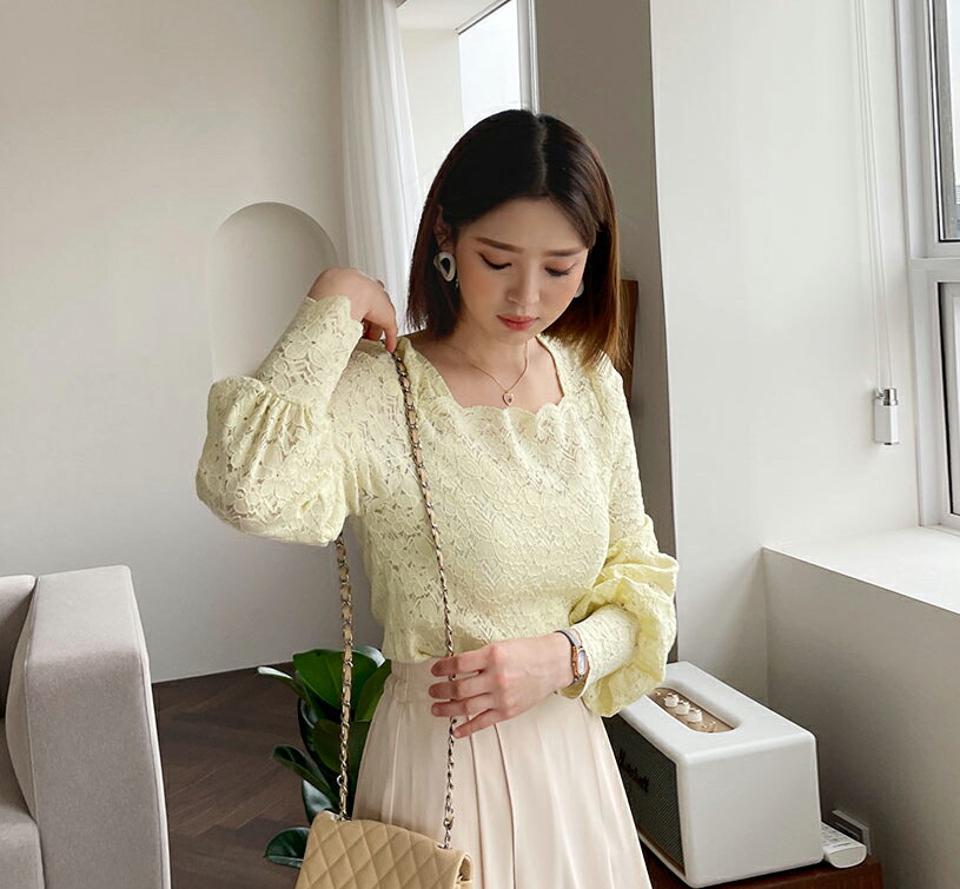 レーススクエアブラウス・全3色・t61687 レディース 【bl】【韓国 ファッション トップス ブラウス 長袖 レース スクエアネック 上品 デコルテ ボリューム 体型カーバー フェミニン デイリー 花柄 フラワー 秋 春】