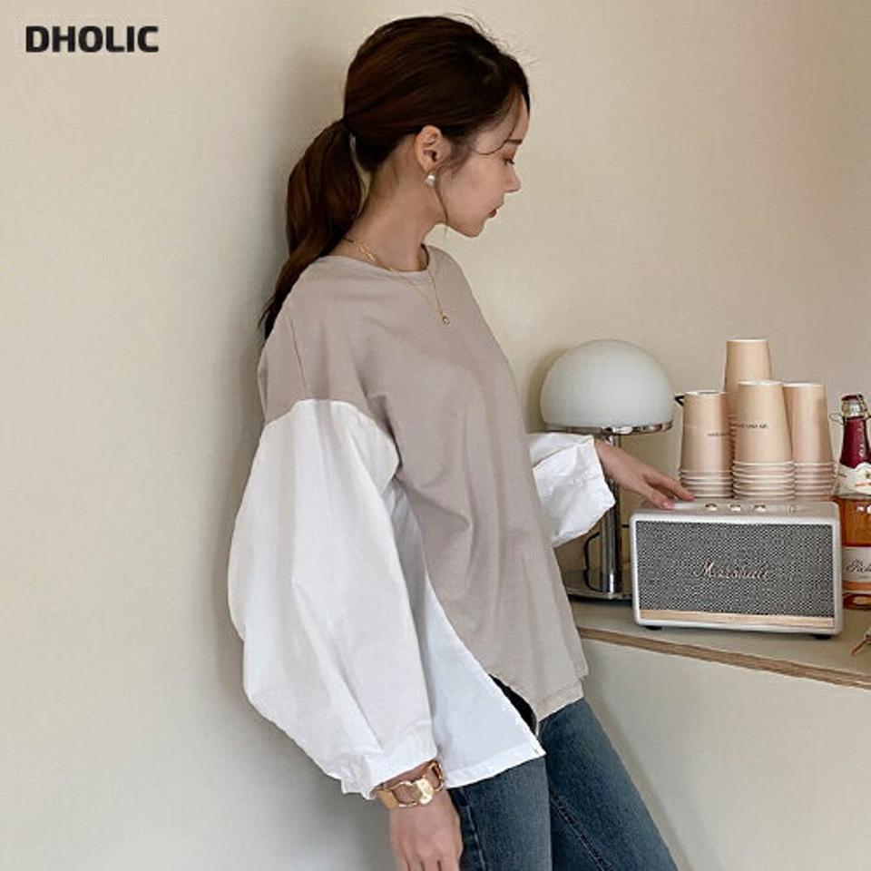 配色パフスリーブTシャツ・全4色・t67217 レディース 【tops】【トップス Tシャツ 長袖 パフスリーブ パフ袖 袖コンシャス ボリューム袖 配色 異素材ミックス レイヤード風 カジュアル 大人 春 秋 韓国 ファッション】【ハイホリHIHOLLI】