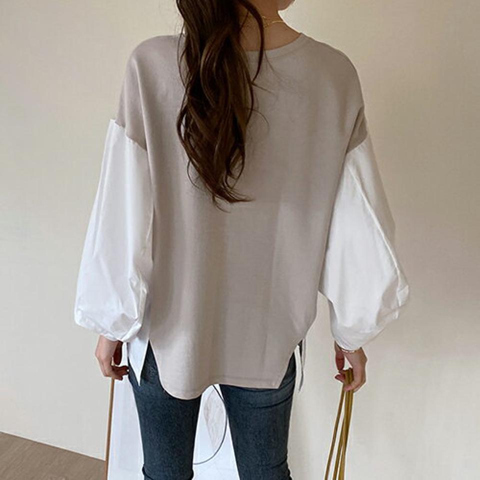 配色パフスリーブTシャツ・全4色・t67217 レディース 【tops】【トップス Tシャツ 長袖 パフスリーブ パフ袖 袖コンシャス ボリューム袖 配色 異素材ミックス レイヤード風 カジュアル 大人 春 秋 韓国 ファッション】【ハイホリHIHOLLI】