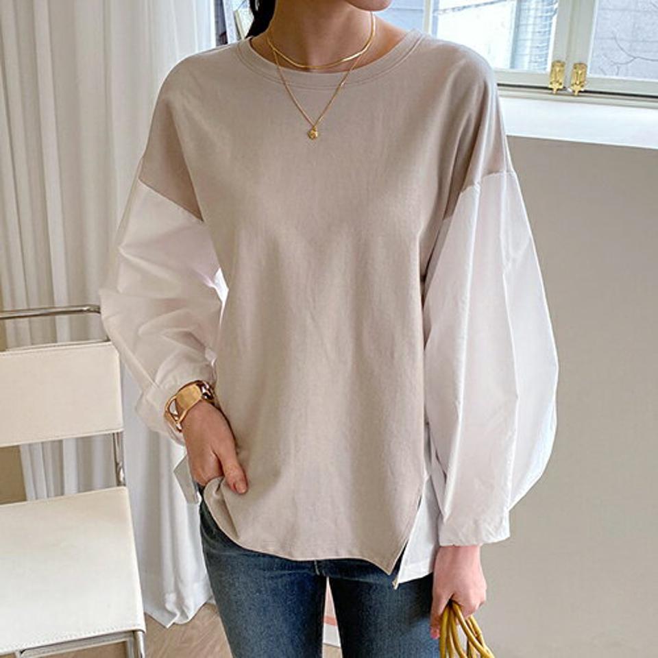 配色パフスリーブTシャツ・全4色・t67217 レディース 【tops】【トップス Tシャツ 長袖 パフスリーブ パフ袖 袖コンシャス ボリューム袖 配色 異素材ミックス レイヤード風 カジュアル 大人 春 秋 韓国 ファッション】【ハイホリHIHOLLI】