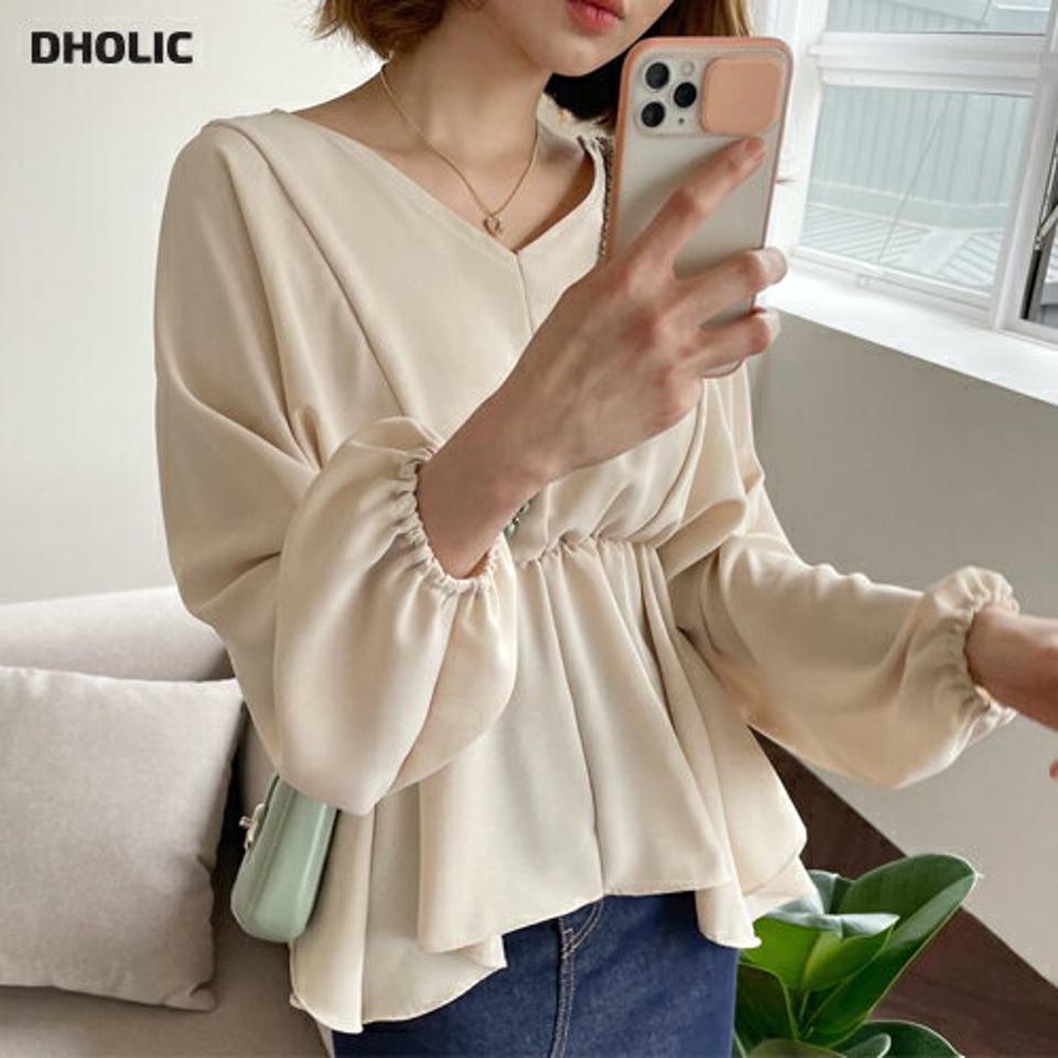 バックリボンフレアブラウス・全4色・t61688 レディース 【bl】【韓国 ファッション トップス ブラウス 長袖 上品 バックリボン フレアブラウス リボン フェミニン Vネック デコルテ ウエストゴム ボリューム 無地 体型カバー カジュアル デイリー 秋 春】