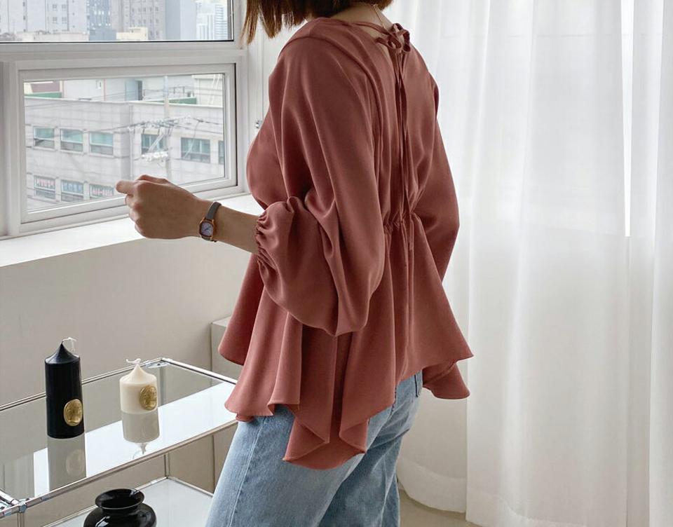 バックリボンフレアブラウス・全4色・t61688 レディース 【bl】【韓国 ファッション トップス ブラウス 長袖 上品 バックリボン フレアブラウス リボン フェミニン Vネック デコルテ ウエストゴム ボリューム 無地 体型カバー カジュアル デイリー 秋 春】