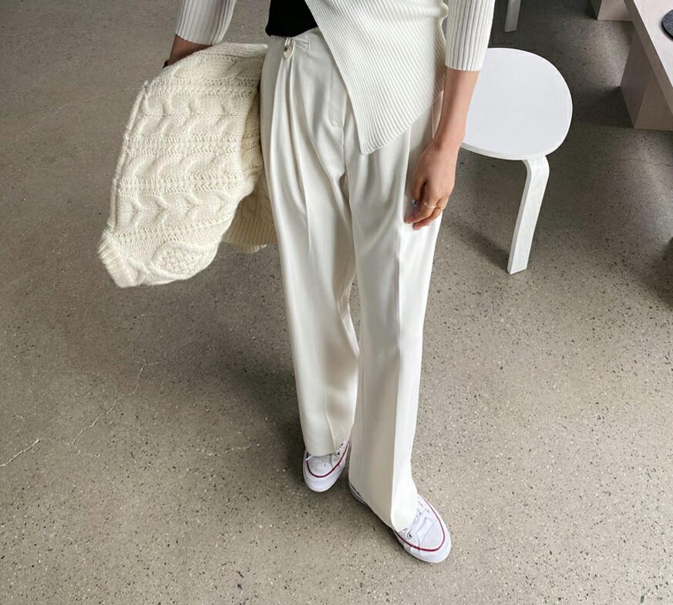 ボタンワイドスラックス・全3色・t61696 レディース 【pt】【韓国 ファッション ボトムス パンツ スラックス ワイドスラックス バックゴム ハイウエスト ツータック ボリューム フェイクポケット オフィスカジュアル 無地 体型カーバー 秋 春】