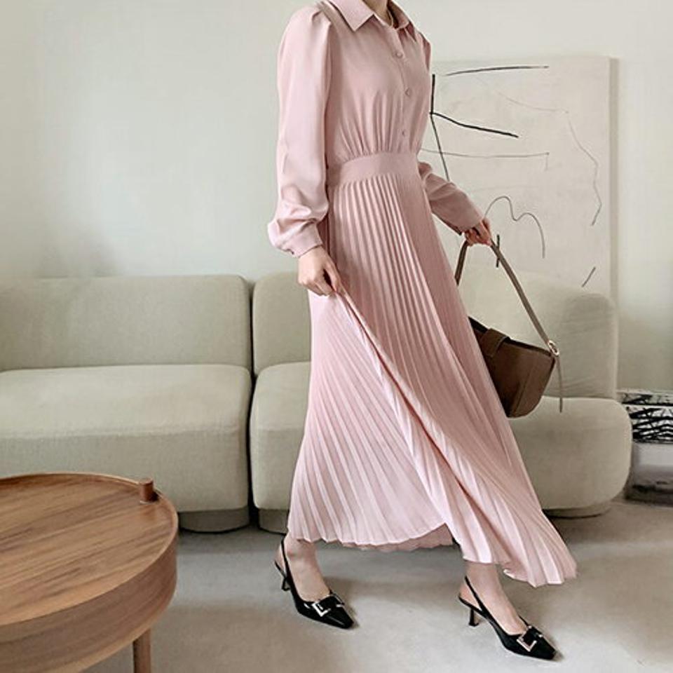 カラープリーツロングワンピース・全4色・t67231 レディース 【ops】【ワンピース ロング ロングワンピース プリーツ プリーツワンピース 長袖 フェミニン 可愛い かわいい 春 秋 韓国 ファッション】【ハイホリHIHOLLI】