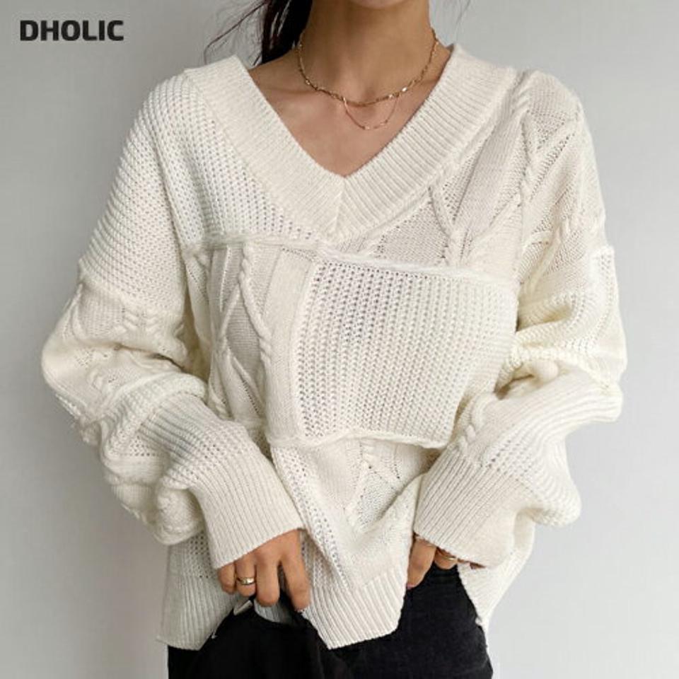 ツイスト配色Vネックニット・全4色・t61683 レディース 【tops】【韓国 ファッション トップス ニット 長袖 ぼわん袖 デコルテ ツイスト 配色 Vネック ルーズ ゆったり 細身 大人 体型カーバー デイリー 無地 秋 春】