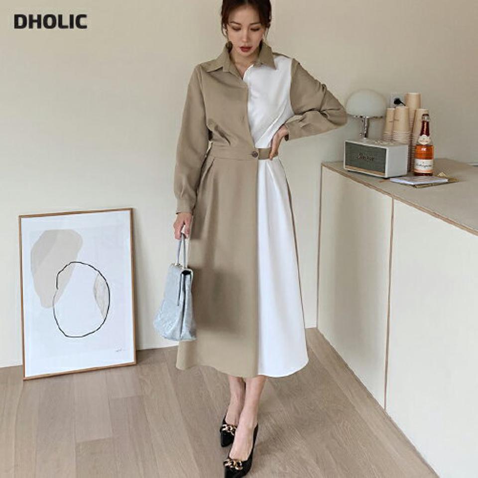 ≪人気商品再入荷≫配色カラーラップワンピース・全2色・b67230 レディース 【ops】ワンピース ロングワンピース 長袖 ラップデザイン ラップワンピース 春 バイカラー 秋 韓国ファッション HIHOLLI