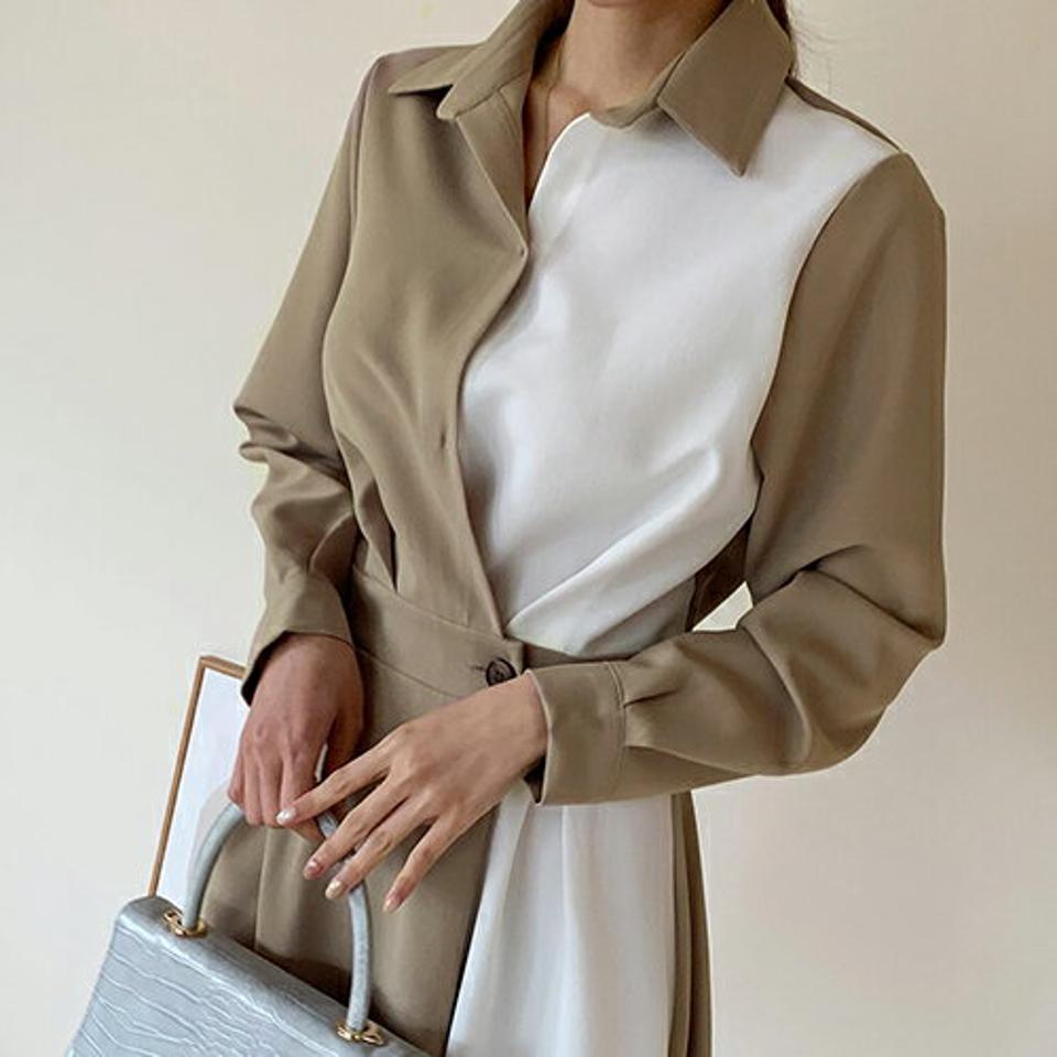 ≪人気商品再入荷≫配色カラーラップワンピース・全2色・b67230 レディース 【ops】ワンピース ロングワンピース 長袖 ラップデザイン ラップワンピース 春 バイカラー 秋 韓国ファッション HIHOLLI