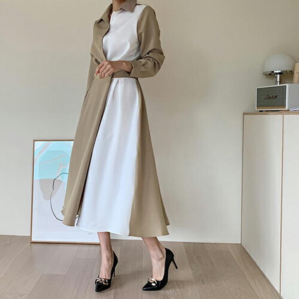 ≪人気商品再入荷≫配色カラーラップワンピース・全2色・b67230 レディース 【ops】ワンピース ロングワンピース 長袖 ラップデザイン ラップワンピース 春 バイカラー 秋 韓国ファッション HIHOLLI