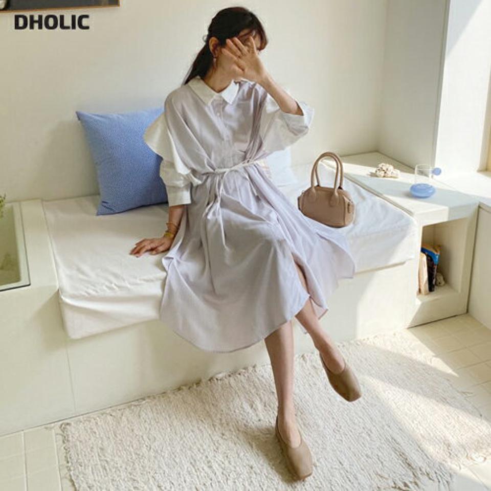 フリルストライプワンピース・全2色・65011 レディース 【ops】【韓国 ファッション ワンピース ミディ ミディワンピース フリル ストライプ ウエストタック ストリング シャツワンピース ルーズ フェミニン 細身 体型カバー 秋 春】