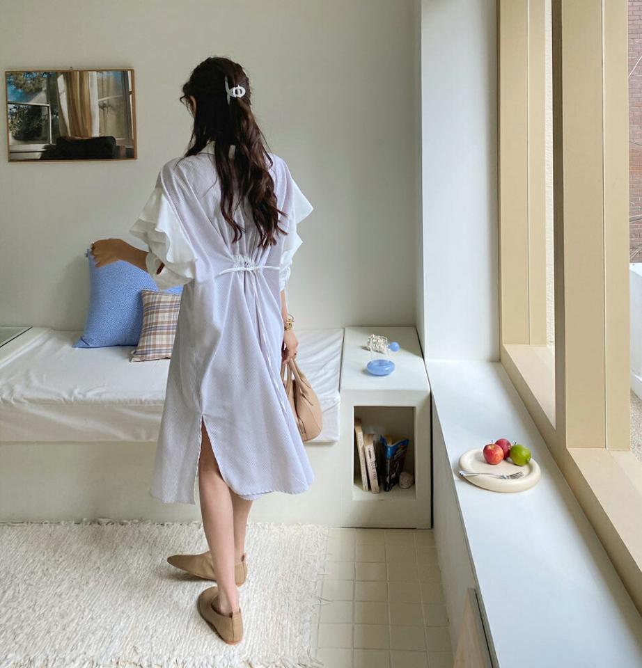 フリルストライプワンピース・全2色・65011 レディース 【ops】【韓国 ファッション ワンピース ミディ ミディワンピース フリル ストライプ ウエストタック ストリング シャツワンピース ルーズ フェミニン 細身 体型カバー 秋 春】