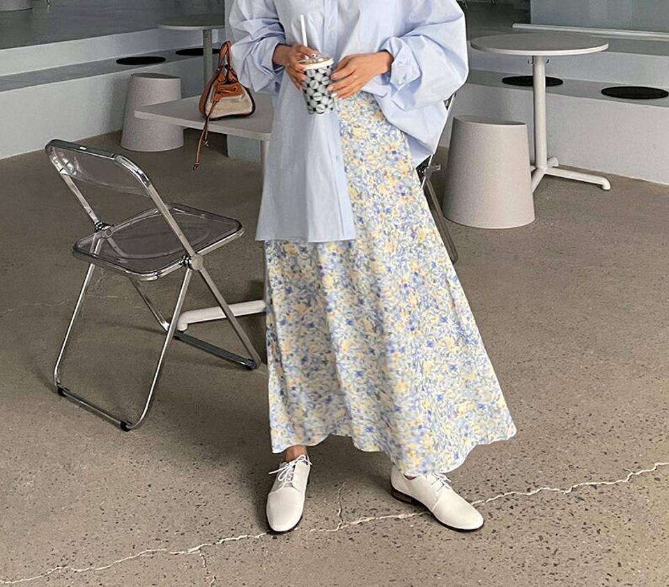 フローラルロングスカート・全2色・t61704 レディース 【sk】【韓国 ファッション ボトムス スカート ロング ロングスカート フローラル パターン バックゴム 花柄 フラワー Aライン メリハリ カジュアル 体型カバー フェミニン デイリー 秋 春】【fw】