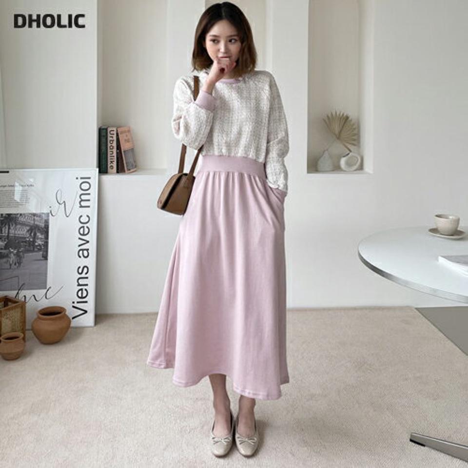 ツイードコントラストワンピース・全2色・b61691 レディース 【ops】【韓国 ファッション ワンピース ロング ロングワンピース カジュアル スウェット ツイード ウエストゴム カジュアル 異素材 ラウンドネック ルーズ フレア フェミニン 体型カバー 秋 春】