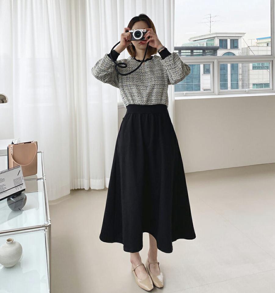 ツイードコントラストワンピース・全2色・b61691 レディース 【ops】【韓国 ファッション ワンピース ロング ロングワンピース カジュアル スウェット ツイード ウエストゴム カジュアル 異素材 ラウンドネック ルーズ フレア フェミニン 体型カバー 秋 春】