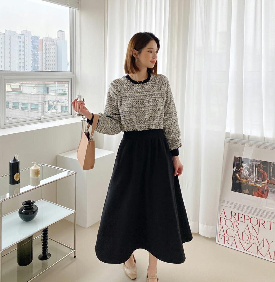 ツイードコントラストワンピース・全2色・b61691 レディース 【ops】【韓国 ファッション ワンピース ロング ロングワンピース カジュアル スウェット ツイード ウエストゴム カジュアル 異素材 ラウンドネック ルーズ フレア フェミニン 体型カバー 秋 春】