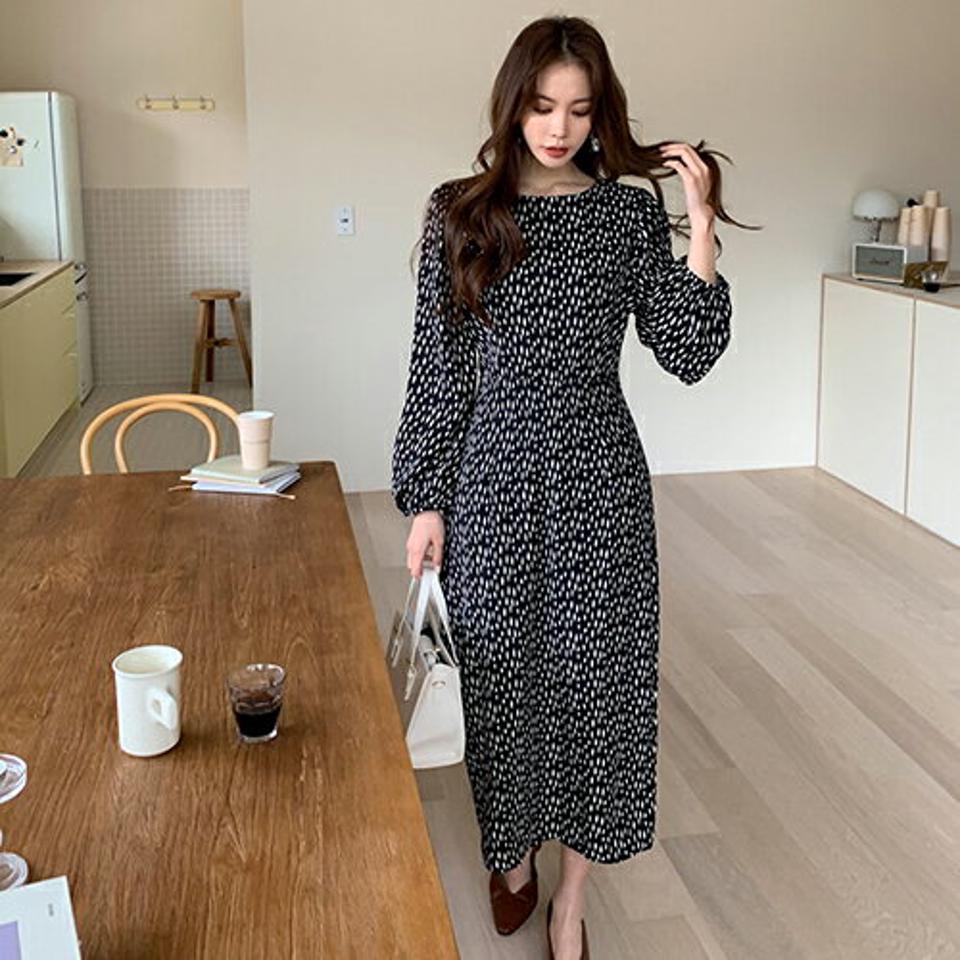 パターンラウンドワンピース・全2色・t67287 レディース 【ops】【ワンピース ロング ロングワンピース 総柄 シック モダン 雰囲気 大人 長袖 春 秋 韓国 ファッション】【ハイホリHIHOLLI】