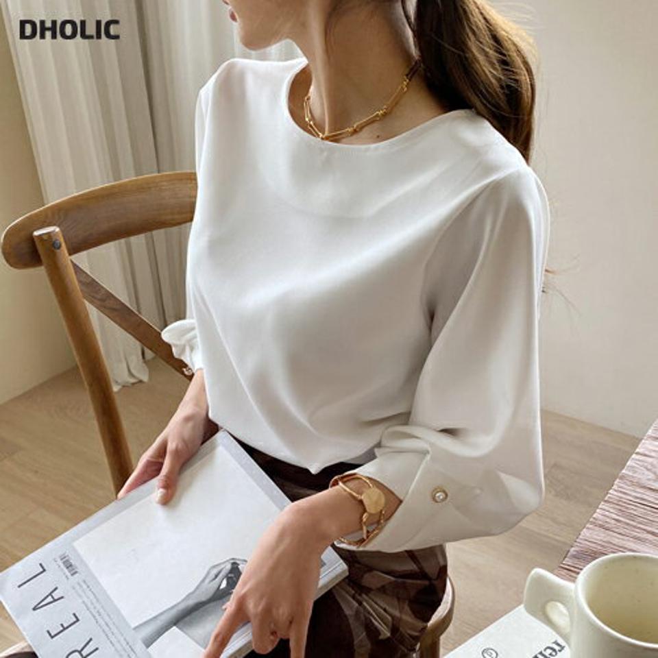 フェイクパールポイントブラウス・全3色・b67284 レディース 【bl】【トップス ブラウス 長袖 パールボタン 単色 無地 シンプル フェミニン オフィスカジュアル 大人 春 秋 韓国 ファッション】【ハイホリHIHOLLI】