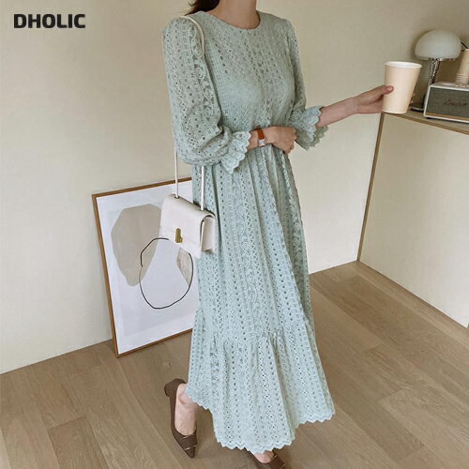 マルチレースワンピース・全2色・b67286 レディース 【ops】【ワンピース ロング ロングワンピース レース 総レース フェミニン 七分丈 七分袖 7分丈 7分袖 かわいい 可愛い 春 秋 韓国 ファッション】【ハイホリHIHOLLI】