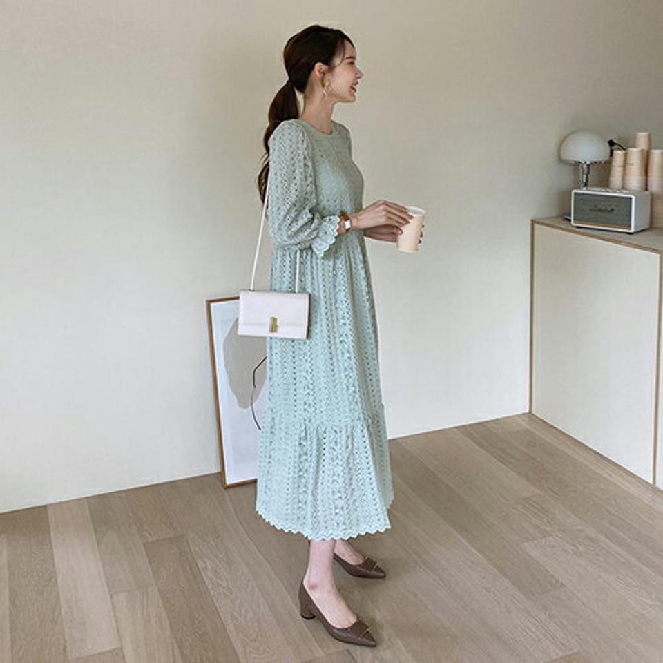 マルチレースワンピース・全2色・b67286 レディース 【ops】【ワンピース ロング ロングワンピース レース 総レース フェミニン 七分丈 七分袖 7分丈 7分袖 かわいい 可愛い 春 秋 韓国 ファッション】【ハイホリHIHOLLI】