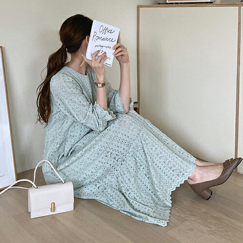 マルチレースワンピース・全2色・b67286 レディース 【ops】【ワンピース ロング ロングワンピース レース 総レース フェミニン 七分丈 七分袖 7分丈 7分袖 かわいい 可愛い 春 秋 韓国 ファッション】【ハイホリHIHOLLI】