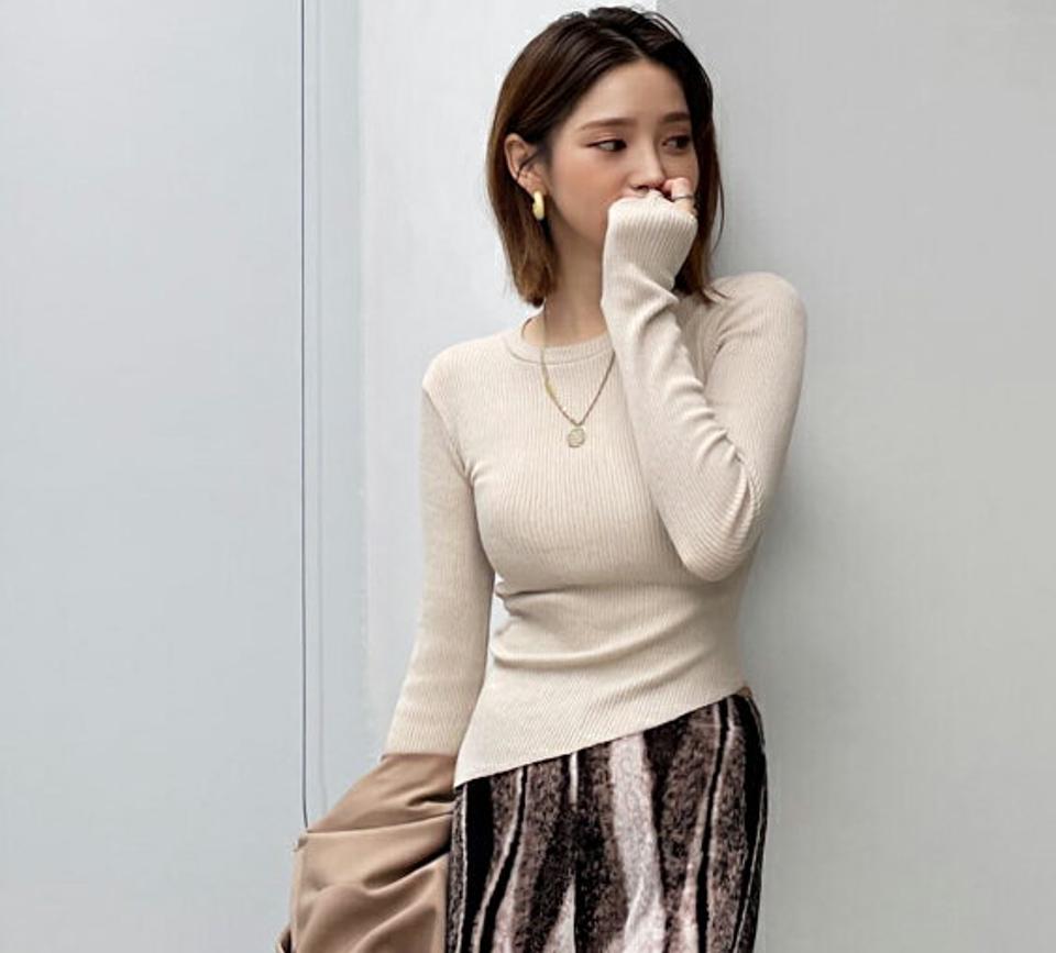 リブダイアゴナルニット・全3色・t61682 レディース 【tops】【韓国 ファッション トップス ニット 長袖 ラウンドネック リブニット スリム フィット 細身 大人 体型カーバー デイリー 無地 秋 春】