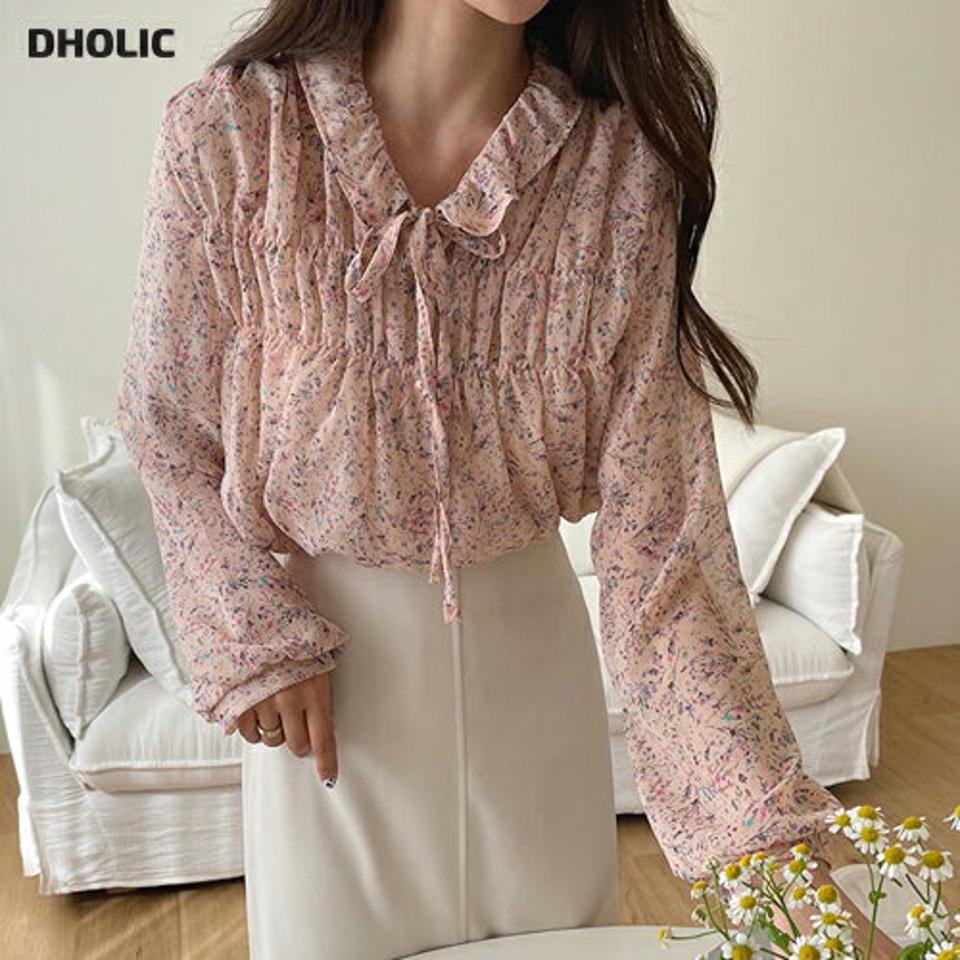 花柄リボンネックブラウス・全3色・t62953 レディース 【bl】【韓国 ファッション トップス ブラウス 長袖 上品 花柄 リボンネック リボン シフォン 透け感 ギャザー フラワー ルーズ ゆったり ボリューム フェミニン カジュアル デイリー 秋 春】【fw】