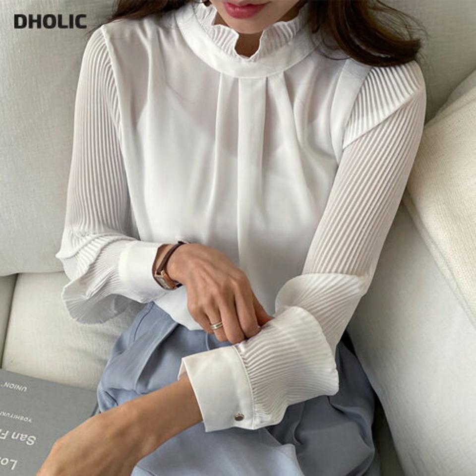 フリルプリーツスリーブブラウス・全3色・t63000 レディース 【bl】【韓国 ファッション トップス ブラウス 長袖 フリル プリーツ スリーブ フリルネック 上品 タック ボリューム ルーズ ボリューム 無地 フェミニン カジュアル デイリー 秋 春】