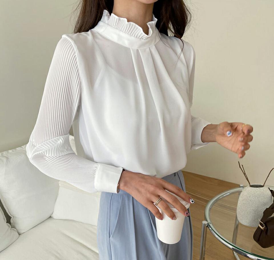 フリルプリーツスリーブブラウス・全3色・t63000 レディース 【bl】【韓国 ファッション トップス ブラウス 長袖 フリル プリーツ スリーブ フリルネック 上品 タック ボリューム ルーズ ボリューム 無地 フェミニン カジュアル デイリー 秋 春】