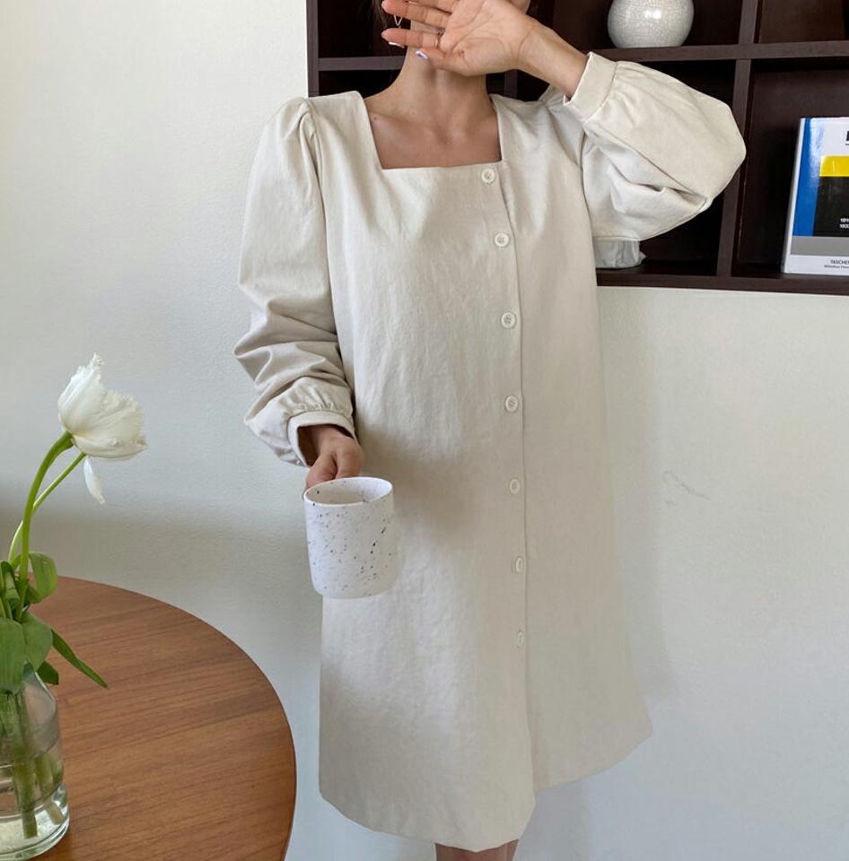 スクエアネックボタンワンピース・全3色・t62963 レディース 【ops】【韓国 ファッション ワンピース ミディ ミディワンピース スクエアネック ボタンワンピース ボリューム デイリー ガーリー 上品 フェミニン カジュアル 体型カバー 秋 春】