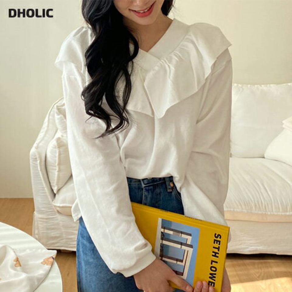 Vネックフリルスウェット ・全3色・b63374 レディース 【tops】【韓国 ファッション トップス スウェットTシャツ 長袖 首元 Vネック フリル デコルテ ガーリー ルーズ ゆったり 上品 体型カーバー デイリー ベーシック 無地 秋 春】
