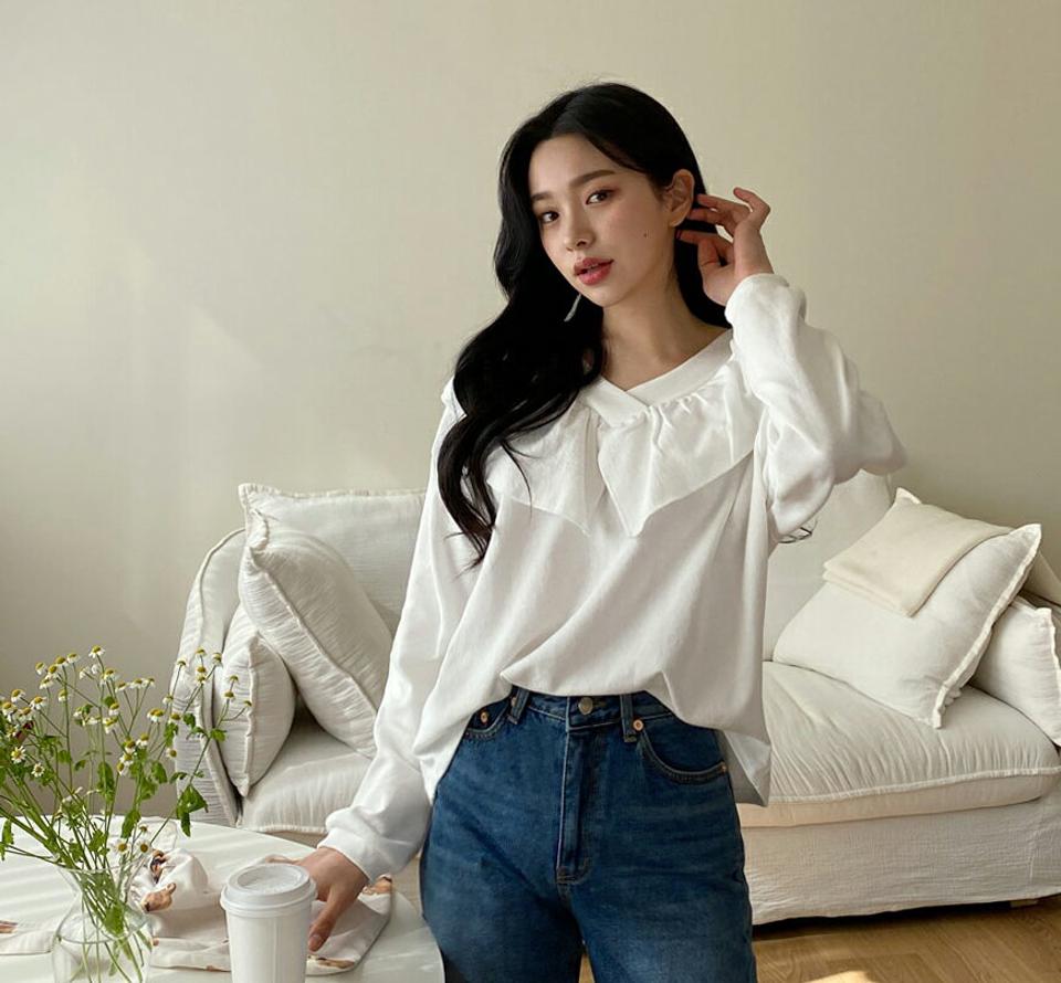 Vネックフリルスウェット ・全3色・b63374 レディース 【tops】【韓国 ファッション トップス スウェットTシャツ 長袖 首元 Vネック フリル デコルテ ガーリー ルーズ ゆったり 上品 体型カーバー デイリー ベーシック 無地 秋 春】