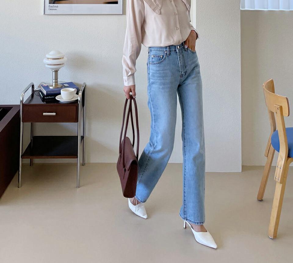 ライトブルーデニムパンツ・全1色・t63003 レディース 【pt】【韓国 ファッション ボトムス パンツ ロング デニム デニムパンツ ストレート ベルトループ スリム 美脚 10分丈 十分丈 カジュアル デイリー 秋 春】