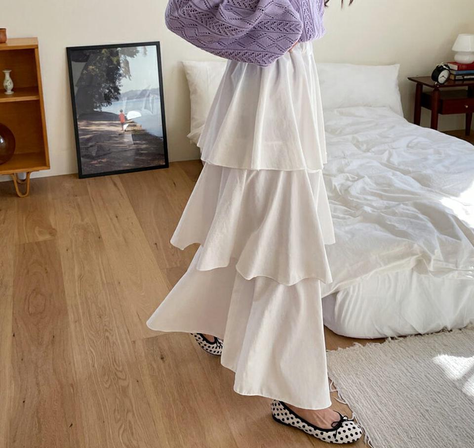 ティアードスカート・全3色・t62972 レディース 【sk】【韓国 ファッション ボトムス スカート ロング ロングスカート ウエストゴム ティアード ラッフル フレアスカート メリハリ カジュアル 体型カバー フェミニン デイリー 秋 春】