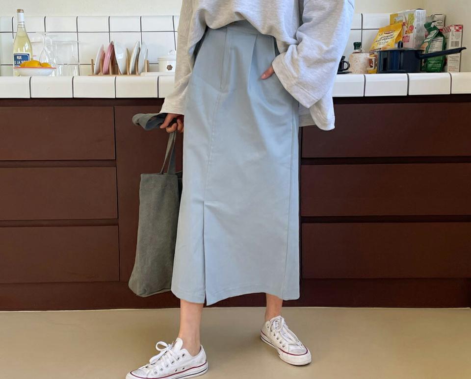 パステルスリットスカート・全3色・t63402 レディース 【sk】【韓国 ファッション ボトムス スカート ロング ロングスカート ウエストゴム ポケット ツータック スリット メリハリ カジュアル 体型カバー フェミニン デイリー 秋 春】