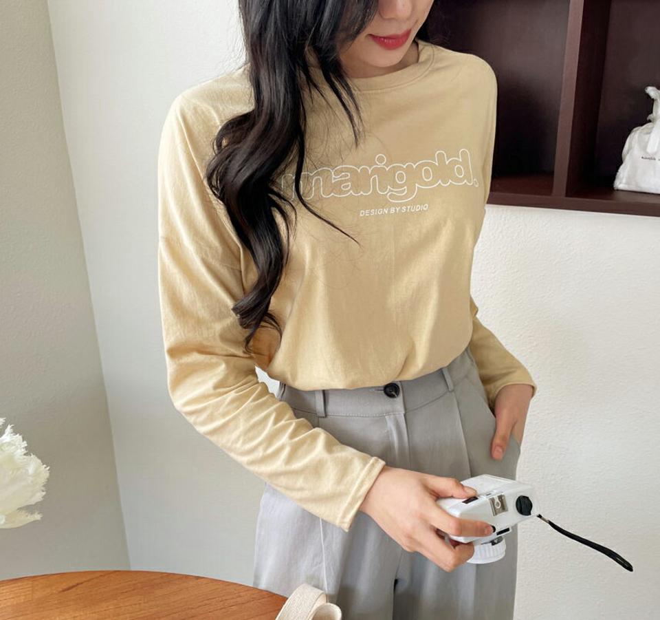 レタリングTシャツ・全4色・t63373 レディース 【tops】【韓国 ファッション トップス Tシャツ 長袖 スリム ラウンドネック かわいい レタリング ロゴ コットン ルーズトップス カジュアル 体型カーバー デイリー 細身 秋 春】