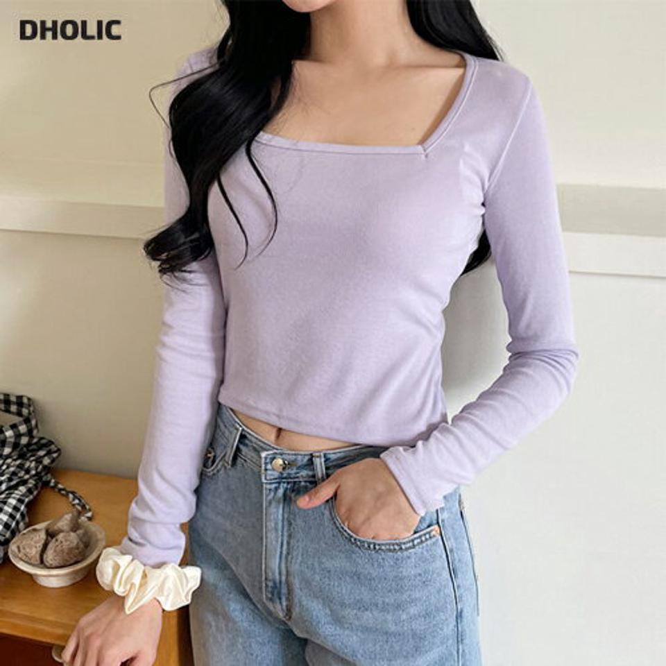 スクエアクロップドTシャツ・全5色・t63372 レディース 【tops】【韓国 ファッション トップス Tシャツ 長袖 スリム ラウンドネック クロップド デコルテ スクエアネック フィット 細身 カジュアル シンプル ベーシック体型カーバー デイリー 秋 春】