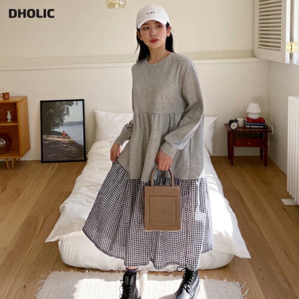 チェックティアードワンピース・全3色・t63379 レディース 【ops】【韓国 ファッション ワンピース ロング ロングワンピース カジュアル ティアード チェック コントラスト 異素材 ラウンドネック ルーズ フェミニン 細身 体型カバー 秋 春】