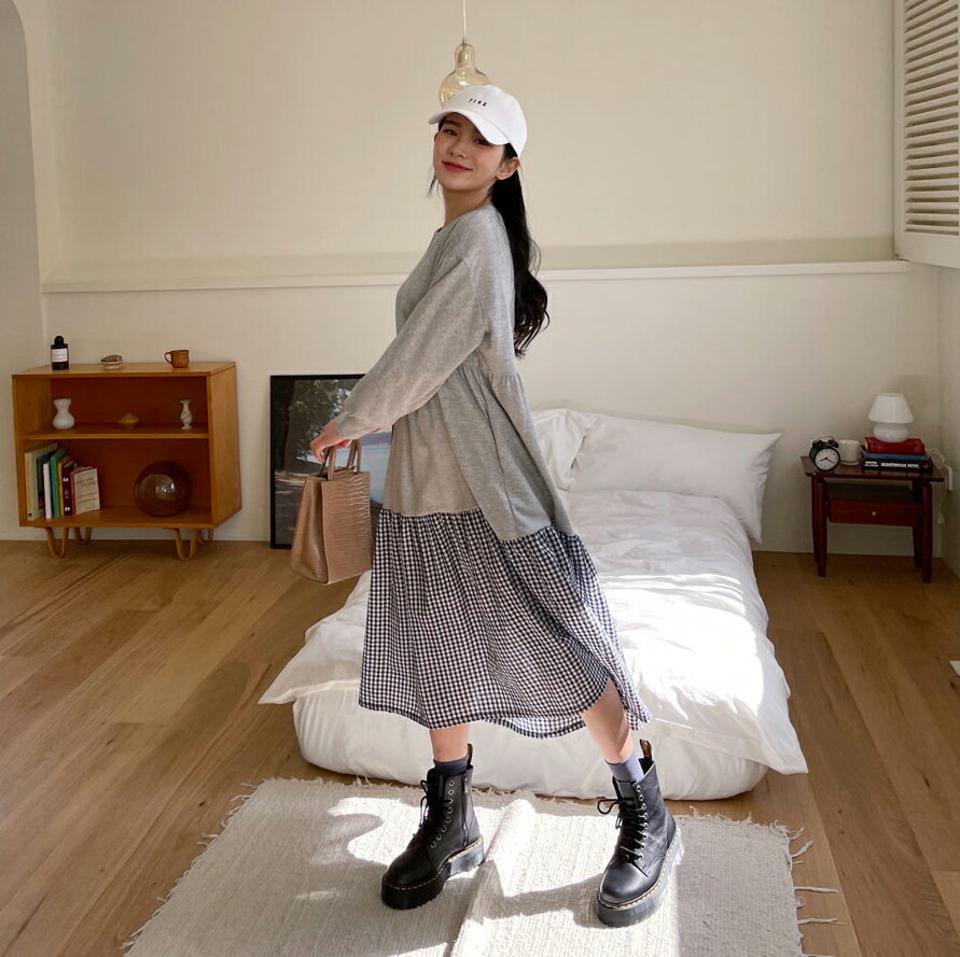 チェックティアードワンピース・全3色・t63379 レディース 【ops】【韓国 ファッション ワンピース ロング ロングワンピース カジュアル ティアード チェック コントラスト 異素材 ラウンドネック ルーズ フェミニン 細身 体型カバー 秋 春】