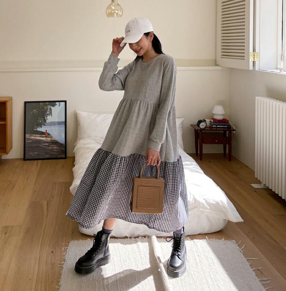 チェックティアードワンピース・全3色・t63379 レディース 【ops】【韓国 ファッション ワンピース ロング ロングワンピース カジュアル ティアード チェック コントラスト 異素材 ラウンドネック ルーズ フェミニン 細身 体型カバー 秋 春】