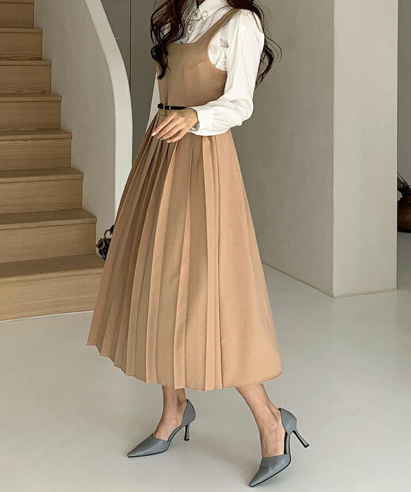 ベルト付プリーツノースリワンピース・全3色・t67201 レディース 【ops】【ワンピース ロング ロングワンピース スリーブレス ノースリーブ プリーツ プリーツワンピース 単色 無地 シンプル レイヤード 秋 春 夏 韓国 ファッション】【ハイホリHIHOLLI】