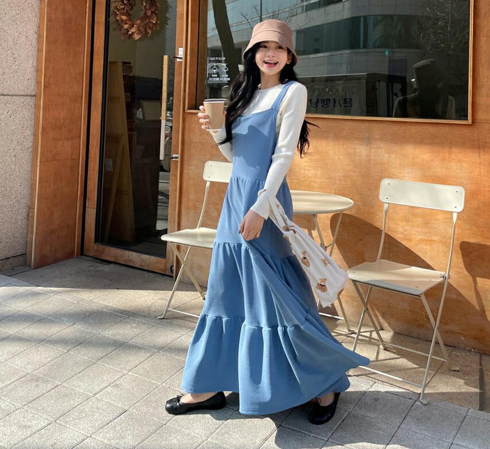 スリーブレスティアードワンピース・全3色・b63348 レディース 【ops】【韓国 ファッション ワンピース ロング ロングワンピース カジュアル フェミニン スリーブレス ティアード ノースリワンピース ギャザー ルーズ スリム 体型カバー 秋 春】【NIJU】