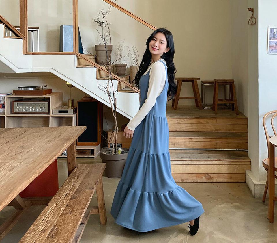 スリーブレスティアードワンピース・全3色・b63348 レディース 【ops】【韓国 ファッション ワンピース ロング ロングワンピース カジュアル フェミニン スリーブレス ティアード ノースリワンピース ギャザー ルーズ スリム 体型カバー 秋 春】【NIJU】